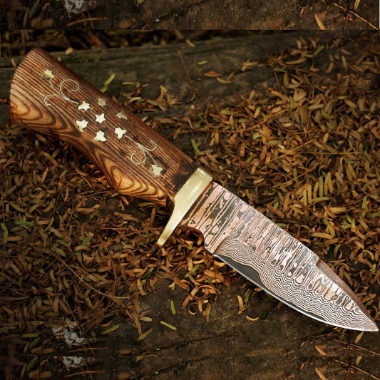 Handmade Copper Damascus Ladder Pattern Skinner Knife with Embroidered Wood Handle. Pro1604