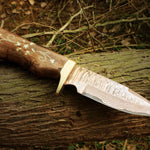 Handmade Copper Damascus Camping Skinner with Ash wood Embroidered Handle. Pro-Tenace1604