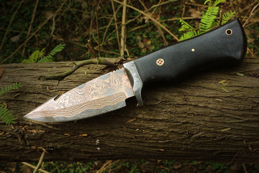 Handmade Copper Damascus Steel Gut Hook Skinner Knife with Damascus Guard and Micarta Handle. Pro1603