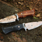 Handmade Copper Damascus Steel Camping Skinner with Gut Hook and Wood Handle. Pro-Tenace1602