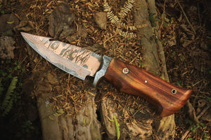 Handmade Copper Damascus Steel Camping Skinner with Gut Hook and Wood Handle. Pro-Tenace1602