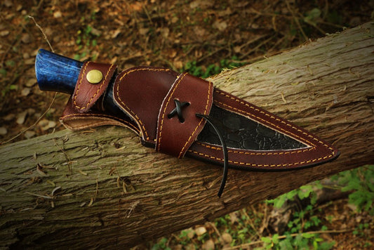 Handmade Copper Damascus Skinner Knife with Dual Color Resin Handle Packed in Wooden Box. Pro1601