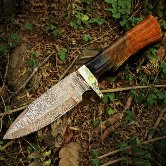 Handmade Copper Damascus Skinner Knife with Dual Color Resin Handle Packed in Wooden Box. Pro1601