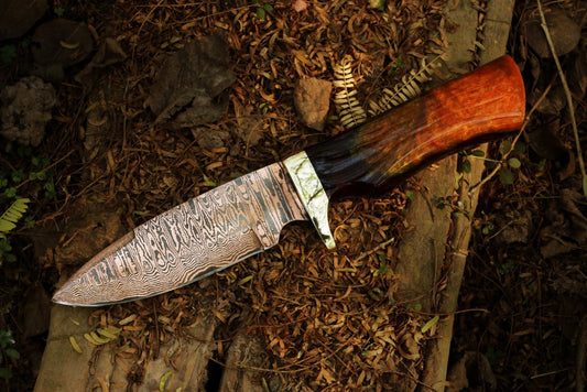 Handmade Copper Damascus Skinner Knife with Dual Color Resin Handle Packed in Wooden Box. Pro1601