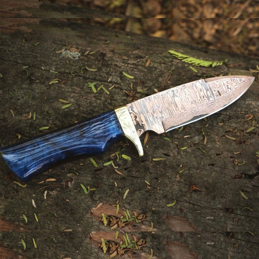 Handmade Copper Damascus Skinner Knife with Dual Color Resin Handle Packed in Wooden Box. Pro1601