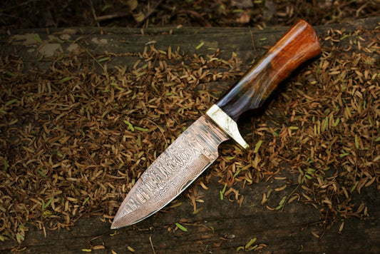 Handmade Copper Damascus Skinner Knife with Dual Color Resin Handle Packed in Wooden Box. Pro1601