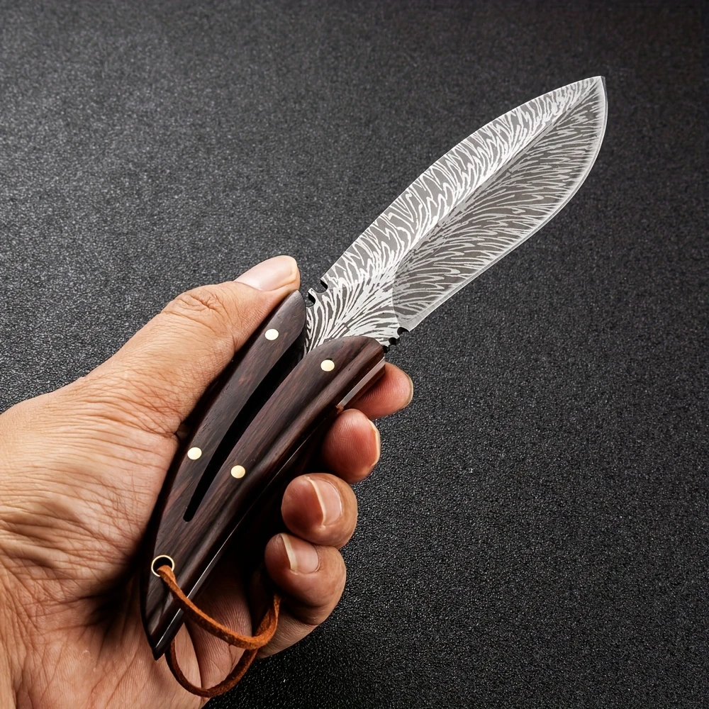 Handmade Feather Damascus Laser Steel Skinner with Wooden Handle & Lanyard. Skinner. Pro-Tenace6063