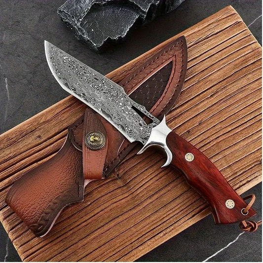 Hand-Forged Damascus Steel Skinner Knife – Mosaic Ash Wood Handle & Steel Guard. Pro-Tenace6062
