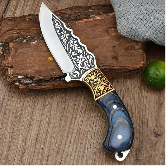 Handmade Etching Blade Skinner Knife – Blue Dollar Sheet Handle & Brass Carving Bolster. Pro-Tenace6065