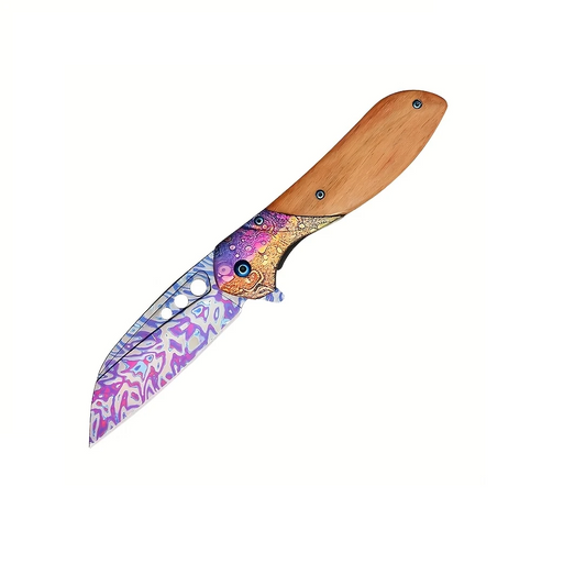 Hand-Forged Acid Damascus Steel Folding Knife with Special Pattern Blade and Wooden Handle. Pro-Tenace6064