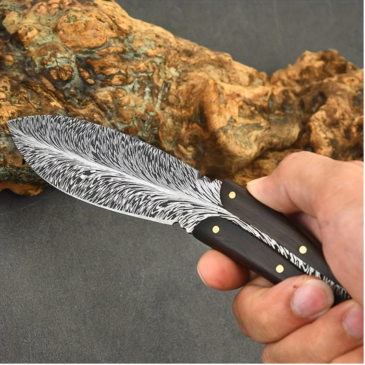 Handmade Feather Damascus Laser Steel Skinner with Wooden Handle & Lanyard. Skinner. Pro-Tenace6063