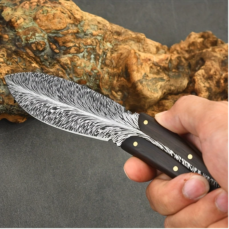 Handmade Feather Damascus Laser Steel Skinner with Wooden Handle & Lanyard. Skinner. Pro-Tenace6063