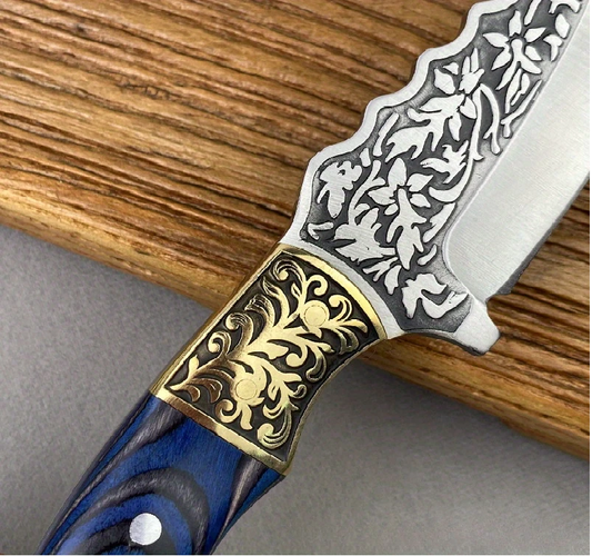 Handmade Etching Blade Skinner Knife – Blue Dollar Sheet Handle & Brass Carving Bolster. Pro-Tenace6065