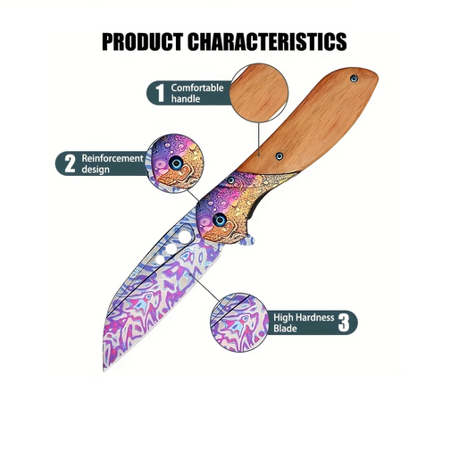 Hand-Forged Acid Damascus Steel Folding Knife with Special Pattern Blade and Wooden Handle. Pro-Tenace6064