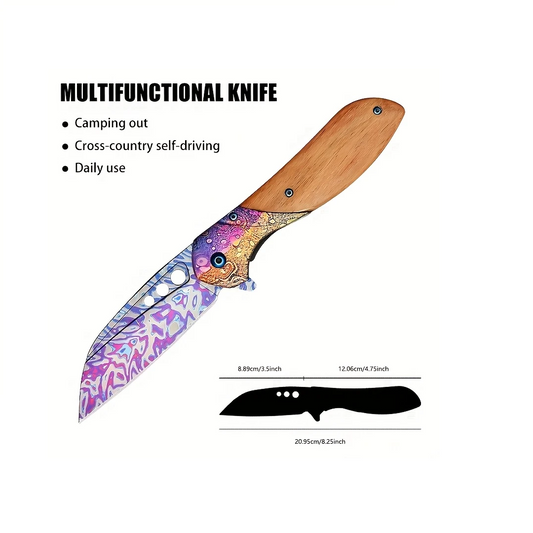 Hand-Forged Acid Damascus Steel Folding Knife with Special Pattern Blade and Wooden Handle. Pro-Tenace6064