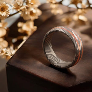Enthralling Damascus Steel Ring with Embedded Brass Lines Packed in Special Box. Pro7020