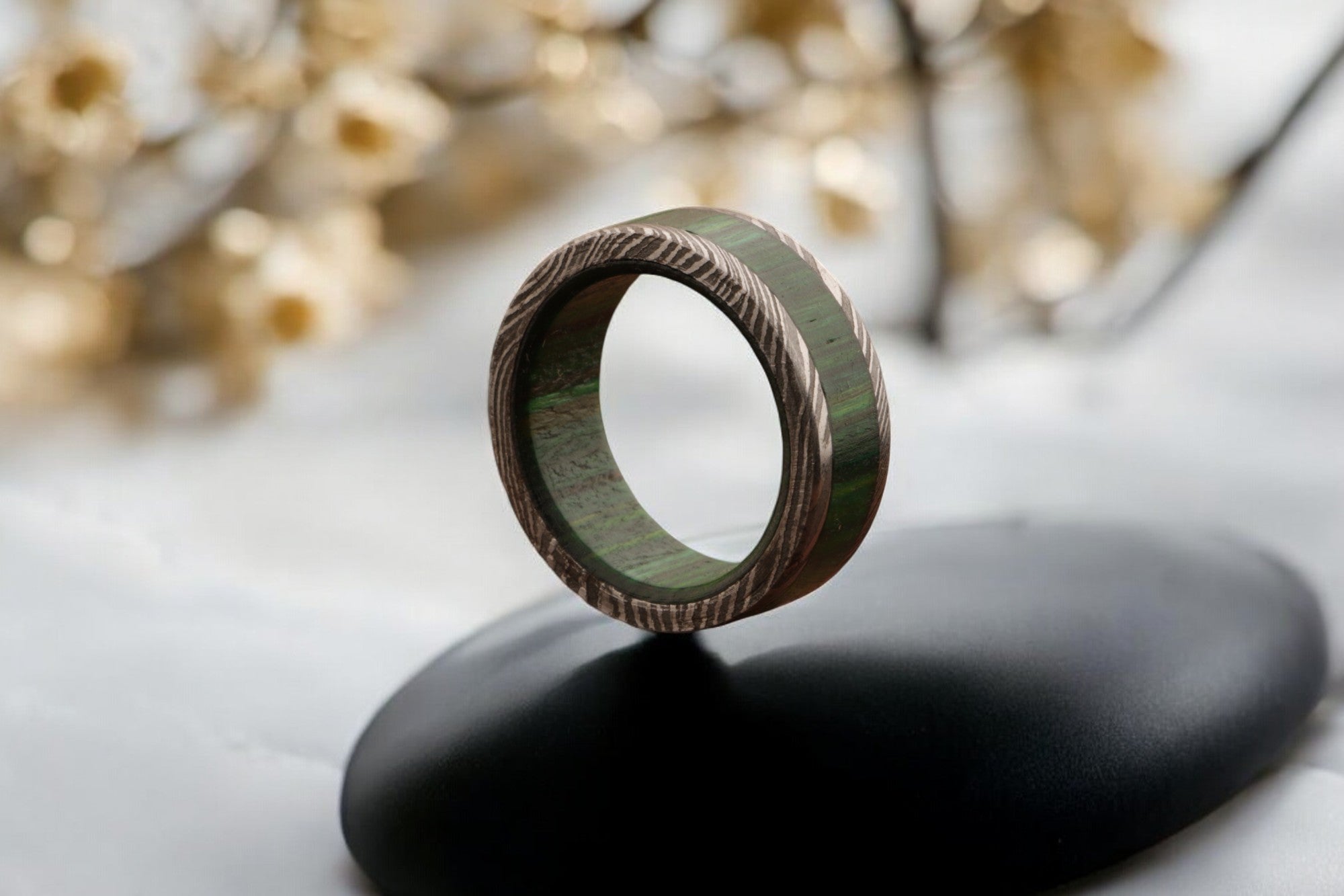 Enchant Damascus steel Wooden Filler Ring with Wood Inlay Packed in Special Box. Pro-Regalo7012