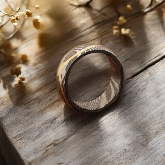 Enthralling Damascus steel Ring with Brass DNA Design Lining. Packed in Special Box. Pro7013